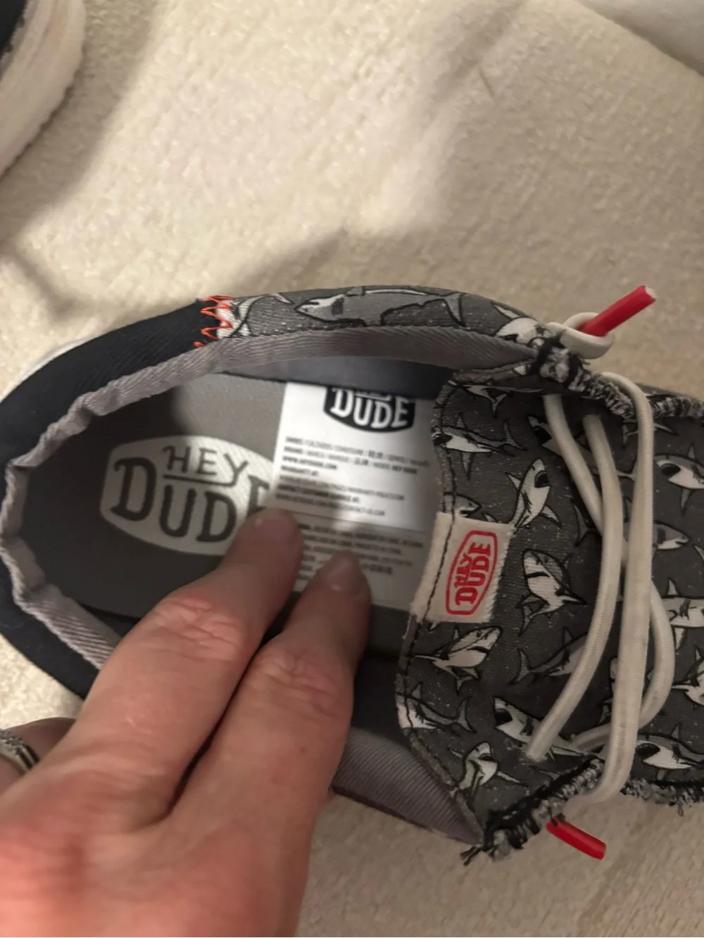 Hey Dude Kids Shark-Print Casual Shoes in Charcoal and White with Red Accents